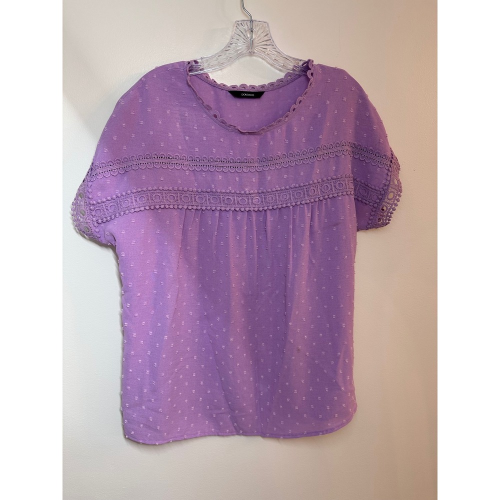 Dokotoo Purple Swiss Dot Lace Trim Short Sleeve Button Back Blouse Medium